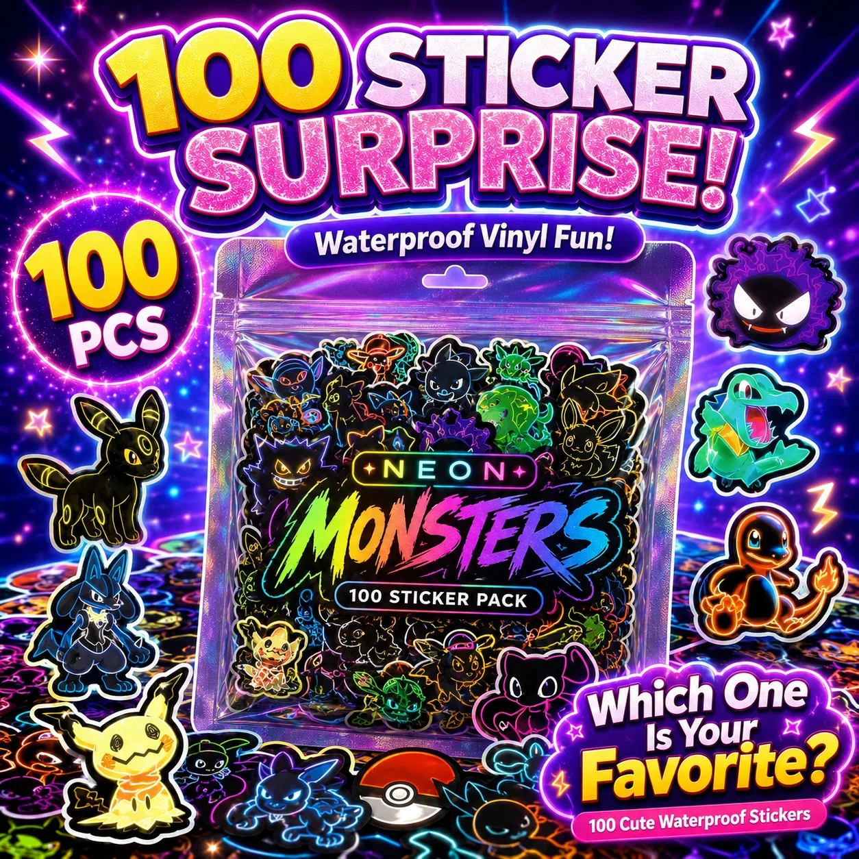 Luggage - 100pcs Neon Pokémon Stickers Waterproof DIY